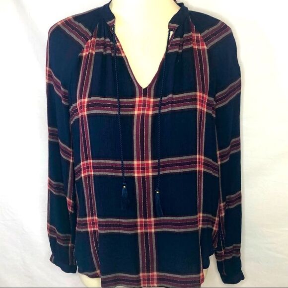 LUCK BRAND PLAID POPOVER TIE FRONT WITH TASSELS - Picture 3 of 14